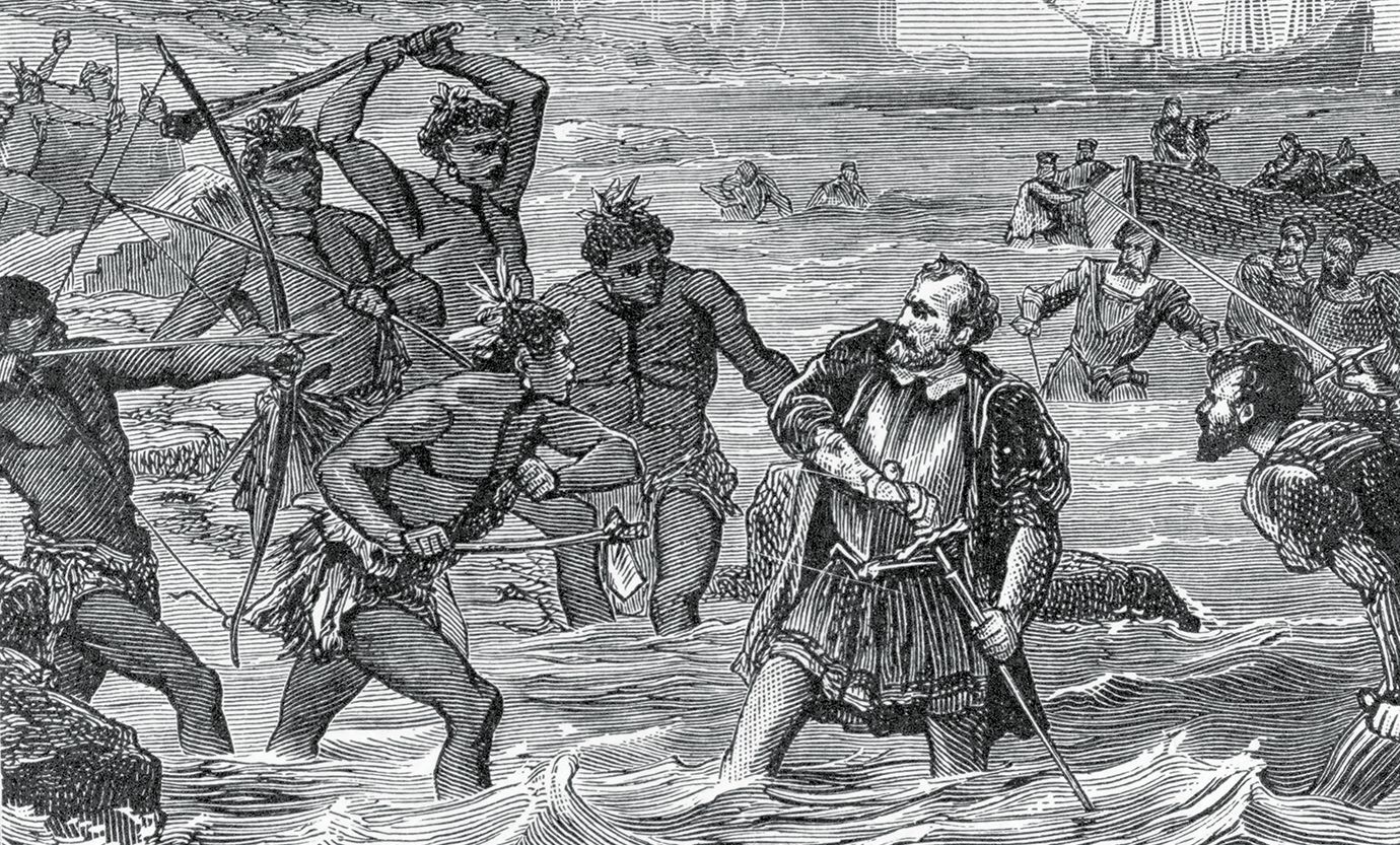 1521, Portuguese navigator Ferdinand Magellan (c. 1480-1521) drawing his sword while engaged in a battle against natives. Leader of the first expedition to circumnavigate the globe, Magellan left Seville in 1519 and sailed through the strait named after him to (Photo by Archive Photos/Getty Images)